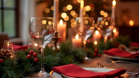 Una mesa decorada para una cena de Navidad