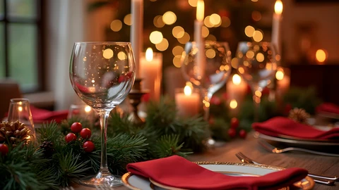 Una mesa decorada para una cena de Navidad