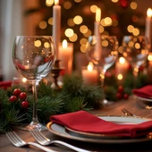 Una mesa decorada para una cena de Navidad Una mesa decorada para una cena de Navidad