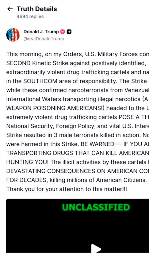 El presidente estadounidense, Donald Trump, ha ordenado esta noche atacar objetivos dentro de Venezuela, según ha confirmado él mismo en la red Truth Social. El presidente estadounidense, Donald Trump, ha ordenado esta noche atacar objetivos dentro de Venezuela, según ha confirmado él mismo en la red Truth Social.