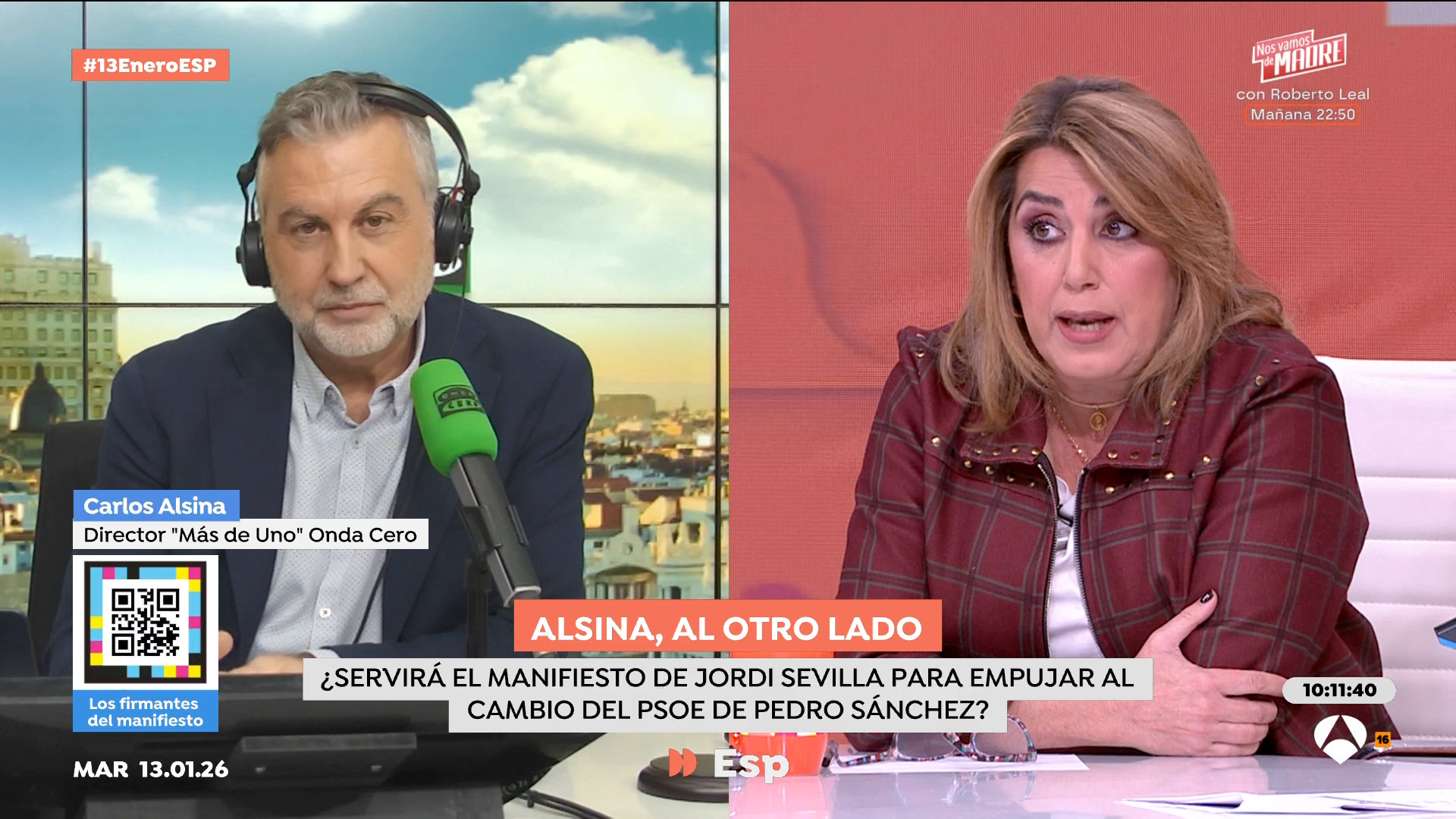 Alsina pregunta a Susana Díaz por su postura ante el manifiesto de Jordi Sevilla: "No creo que sea el momento de un lío interno" Alsina pregunta a Susana Díaz por su postura ante el manifiesto de Jordi Sevilla: "No creo que sea el momento de un lío interno"