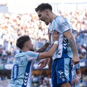 David Larrubia y Chupe celebran un gol del Málaga CF David Larrubia y Chupe celebran un gol del Málaga CF