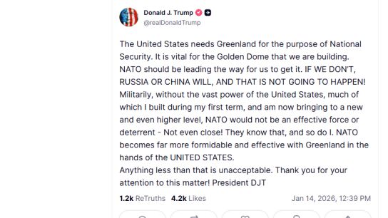 Trump insiste en que Groenlandia debe estar "en manos de EEUU" y que "otra cosa ser&iacute;a inaceptable"