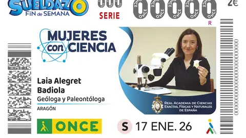 La geóloga y paleontóloga oscense Laia Alegret, imagen del cupón de la ONCE este sábado La geóloga y paleontóloga oscense Laia Alegret, imagen del cupón de la ONCE este sábado