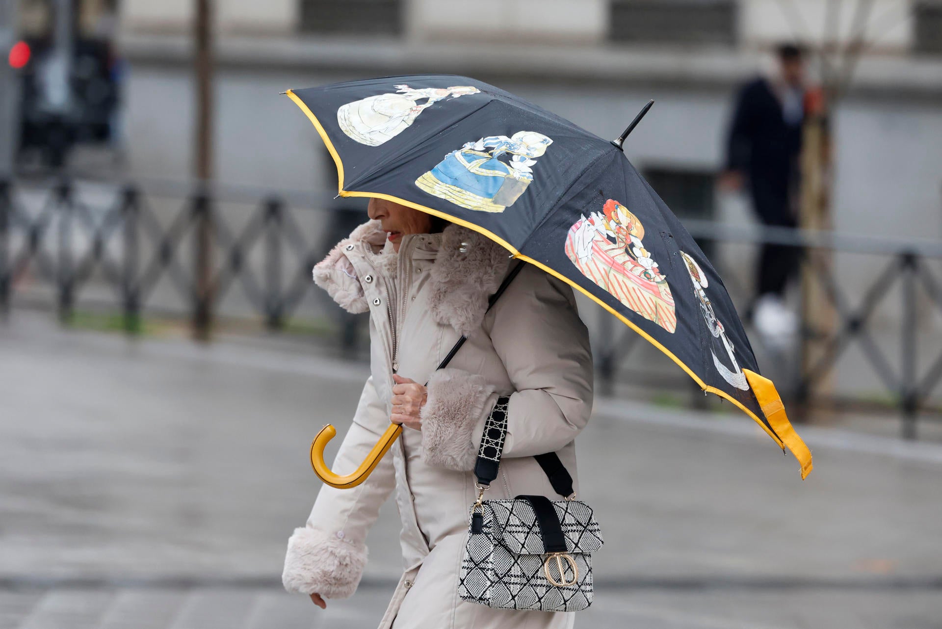 Una mujer se protege con el paraguas de la lluvia. Una mujer se protege con el paraguas de la lluvia.