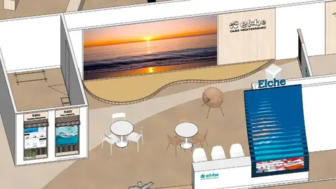 Imagen simulada del stando de Elche en la feria Fitur 2026. Imagen simulada del stando de Elche en la feria Fitur 2026.