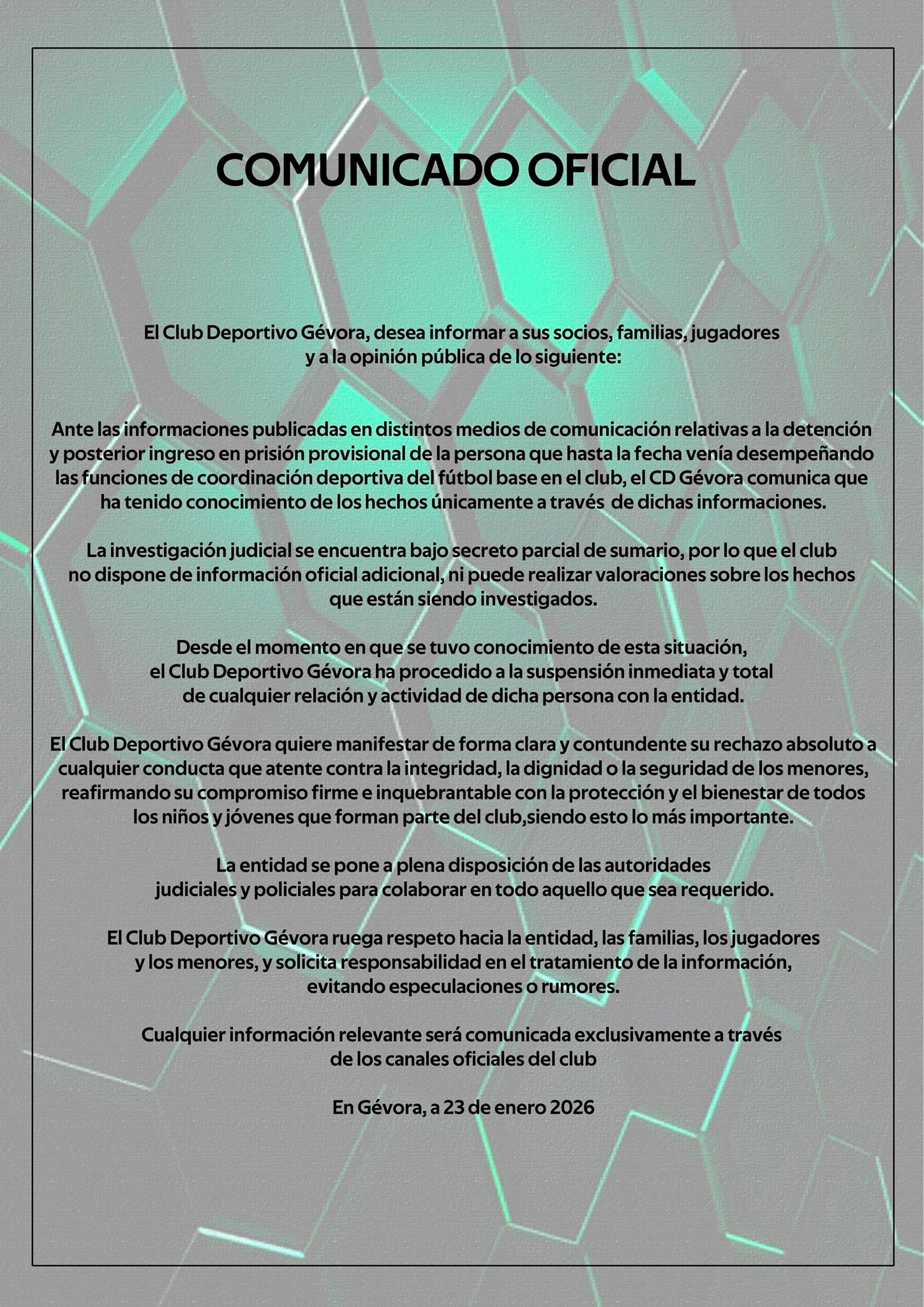 El CD Gévora expresa su rechazo hacia las conductas que "atenten contra la integridad o seguridad de los menores" El CD Gévora expresa su rechazo hacia las conductas que "atenten contra la integridad o seguridad de los menores"