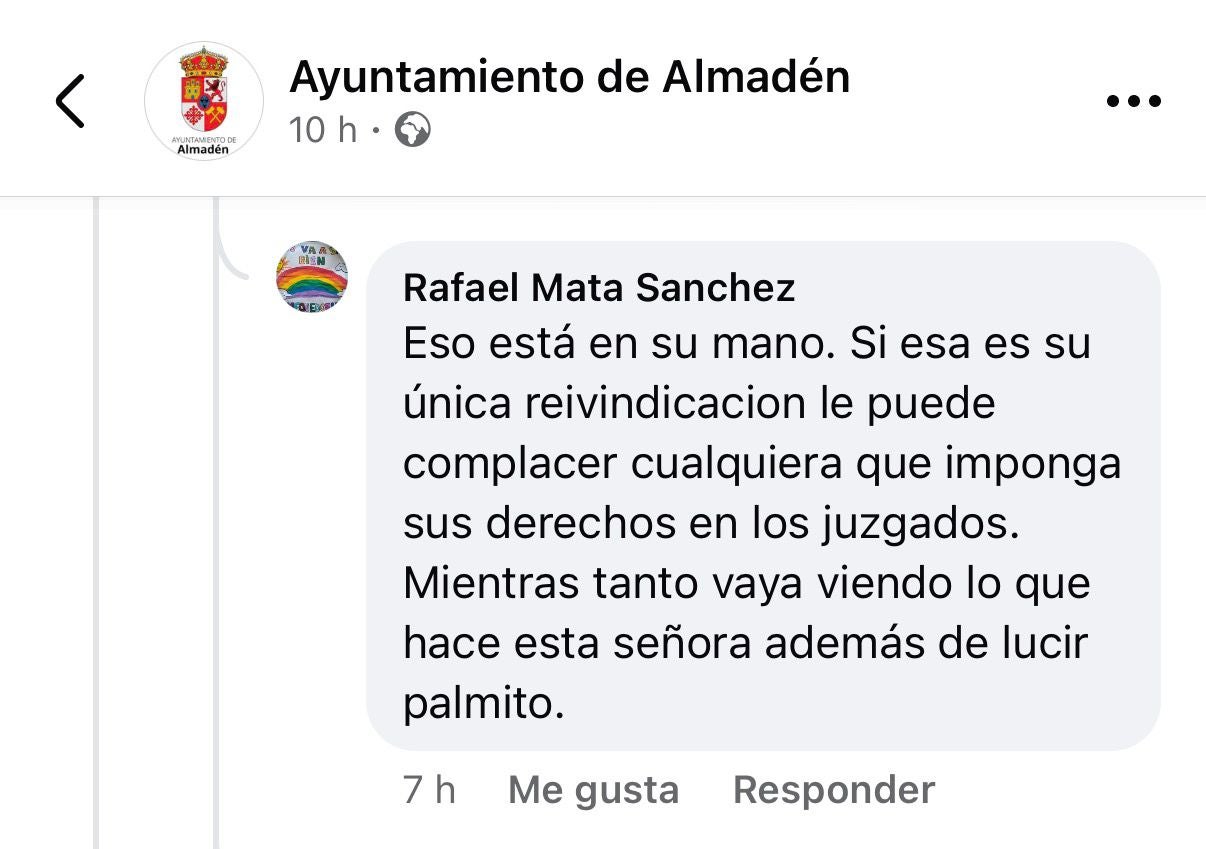 La alcaldesa de Almadén acusa de comentarios machistas al secretario general del PSOE local La alcaldesa de Almadén acusa de comentarios machistas al secretario general del PSOE local