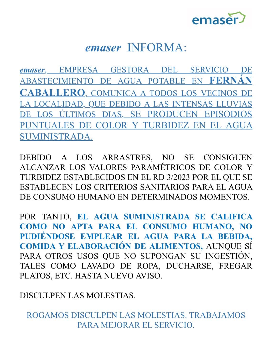 Califican de no apta el agua para consumo humano en Fernán Caballero Califican de no apta el agua para consumo humano en Fernán Caballero