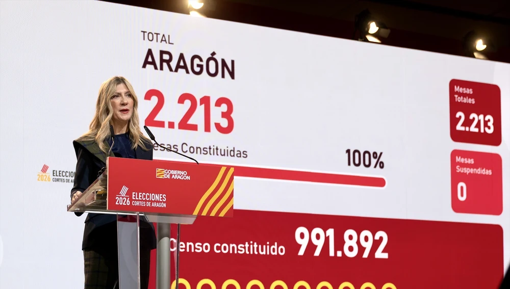 La vicepresidenta del Gobiern de Aragón, Mar Vaquero, en su primera comparecencia en la jornada electoral. La vicepresidenta del Gobiern de Aragón, Mar Vaquero, en su primera comparecencia en la jornada electoral.
