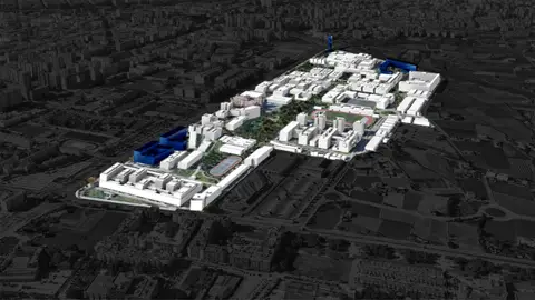 Figuración del futuro edificio, en azul a la izquierda vera