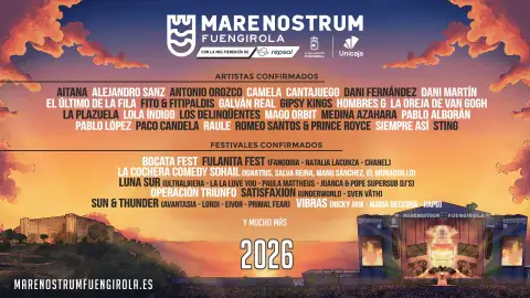 Aitana, Alejandro Sanz, Sting, Lola Índigo y El Último de la Fila lideran el espectacular cartel de Marenostrum Fuengirola 2026 Cartel