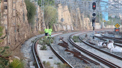 Operaris d'Adif revisant l'estat de les vies de l'estaci&oacute; de Tarragona