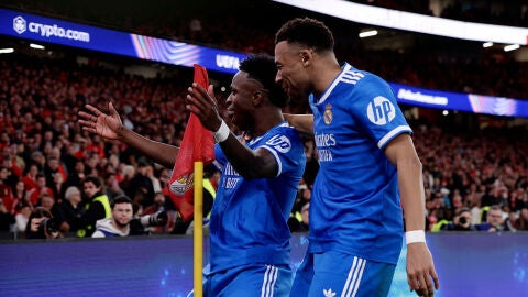 Vinicius y Mbapp&eacute; celebran el gol de la victoria del Real Madrid ante el Benfica