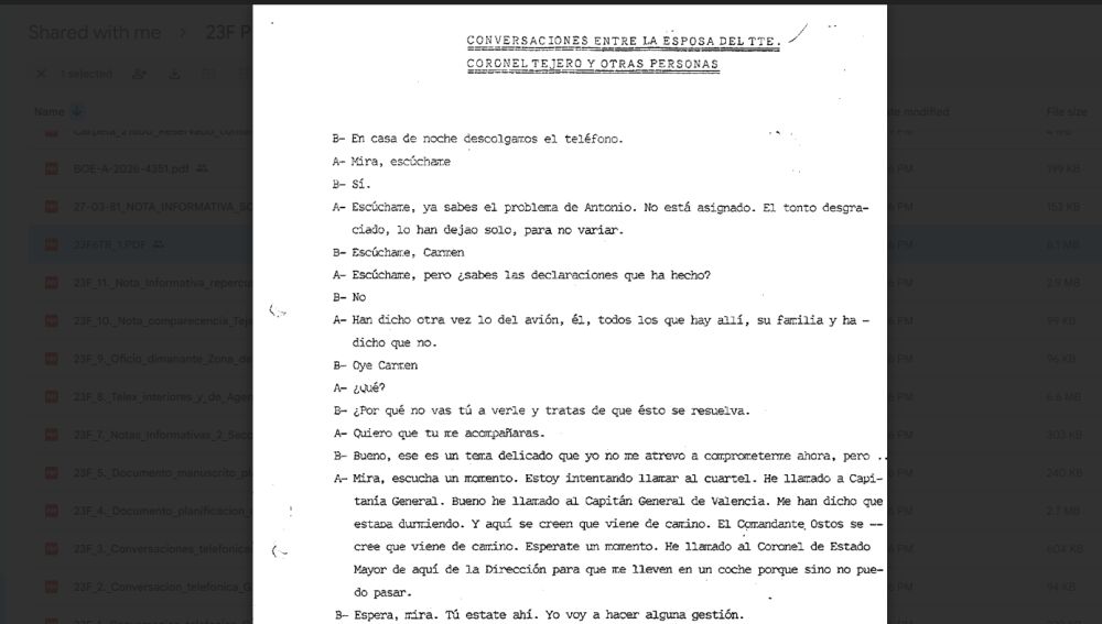 Documento que recoge conversaciones entre Tejero y su mujer