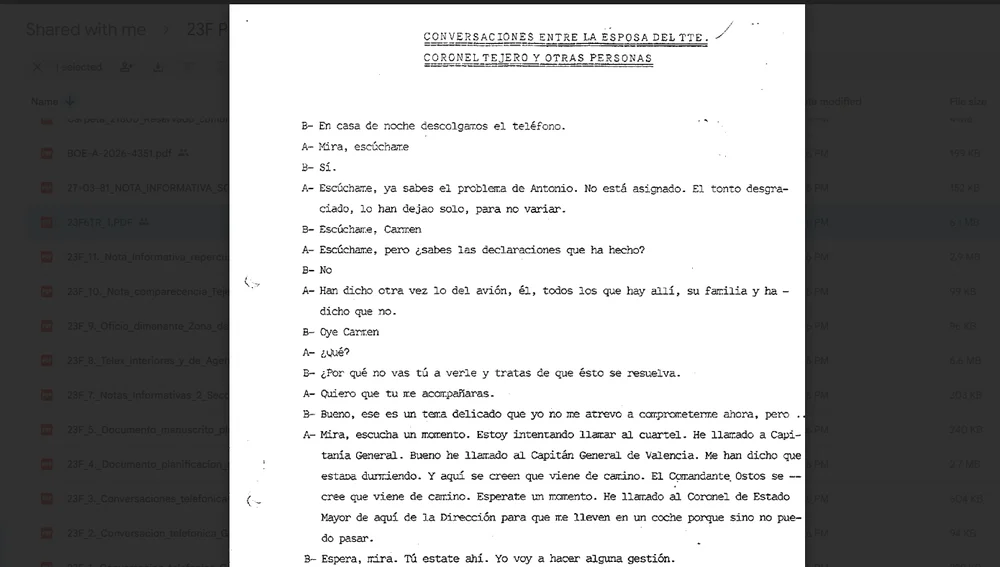 Documento que recoge conversaciones entre Tejero y su mujer Documento que recoge conversaciones entre Tejero y su mujer