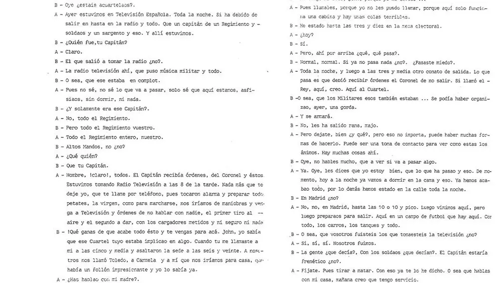 El diálogo está incluido en un documento titulado "Conversaciones telefónicas de la unidad militar El Pardo", en el que se transcriben las llamadas recibidas en el cuartel el día 24. El diálogo está incluido en un documento titulado "Conversaciones telefónicas de la unidad militar El Pardo", en el que se transcriben las llamadas recibidas en el cuartel el día 24.