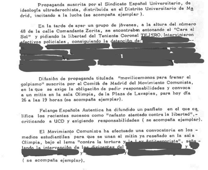 Los documentos desclasificados del 23F incluyen tachones que ocultan nombres relacionados con el golpe Los documentos desclasificados del 23F incluyen tachones que ocultan nombres relacionados con el golpe
