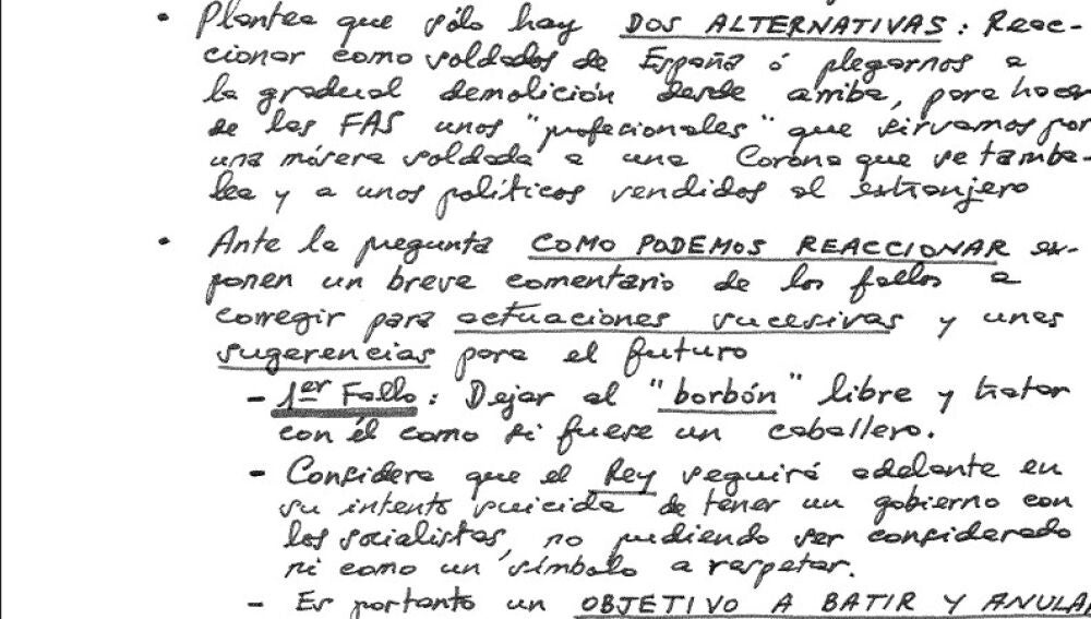 Documento que muestra cómo los golpistas consideraron un error "dejar al Borbón libre"/ ondacero.es
