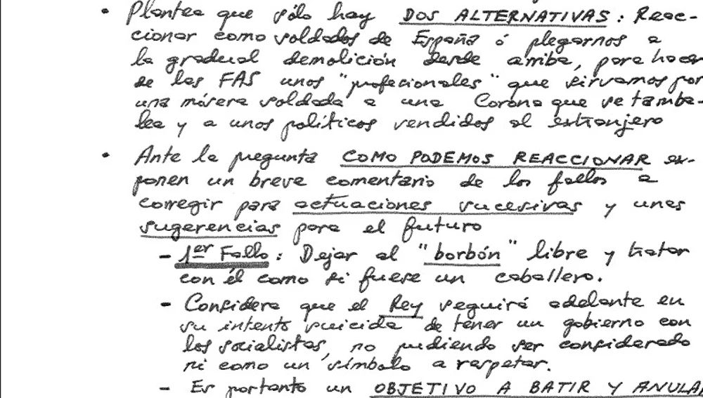Documento que muestra cómo los golpistas consideraron un error "dejar al Borbón libre"/ ondacero.es Documento que muestra cómo los golpistas consideraron un error "dejar al Borbón libre"/ ondacero.es