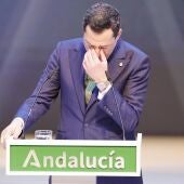 Juanma Moreno se emociona durante su discurso del 28F 