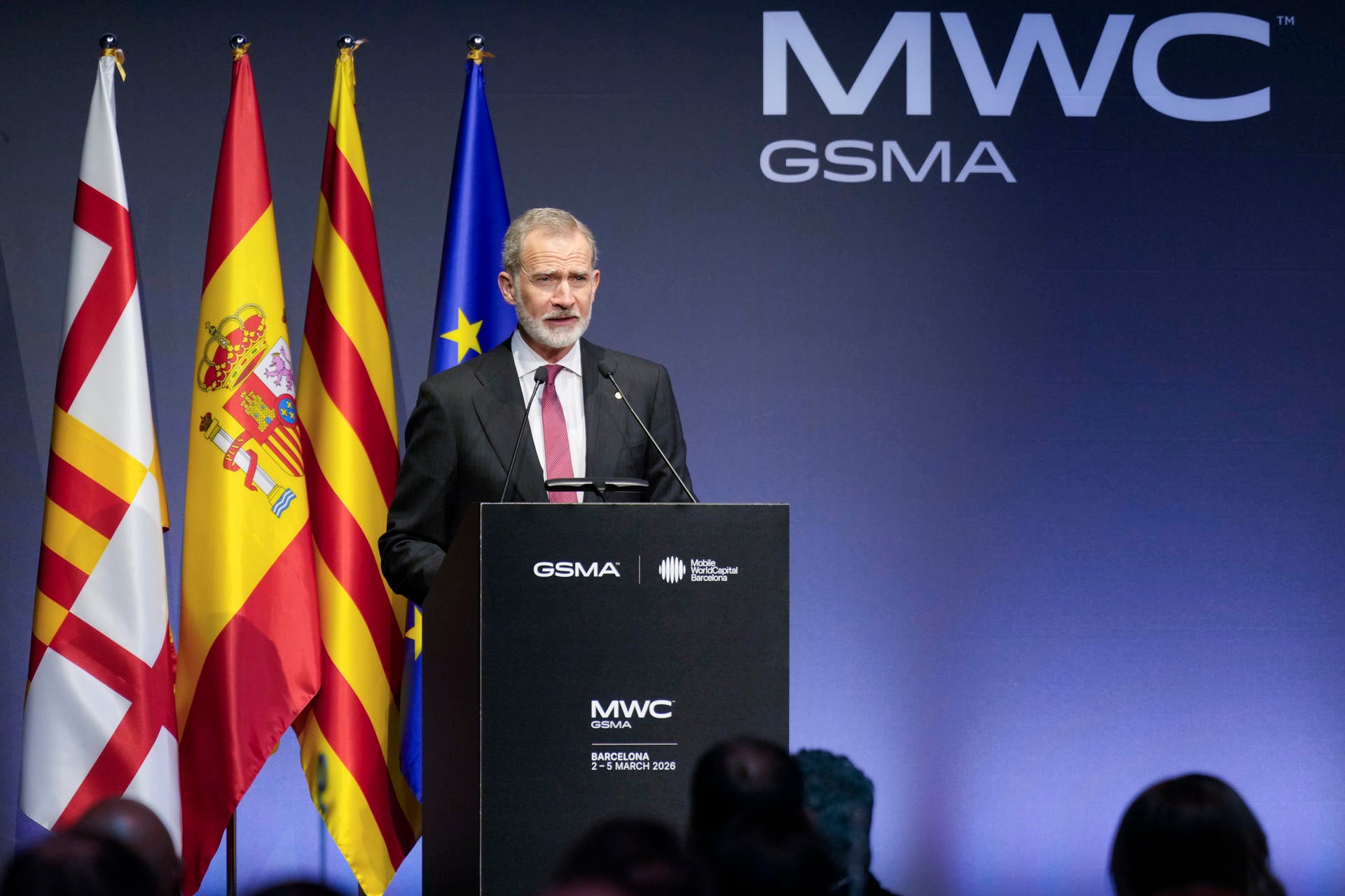 Felipe VI durante su discurso en la cena del MWC 2026 Felipe VI durante su discurso en la cena del MWC 2026