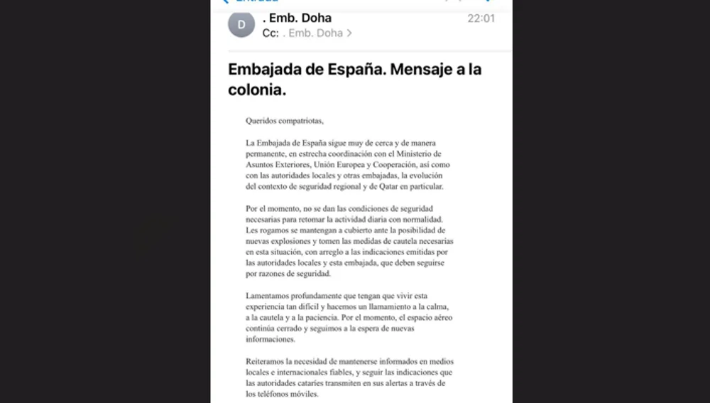 Mensaje de la Embajada de España a los ciudadanos que están en Qatar Mensaje de la Embajada de España a los ciudadanos que están en Qatar