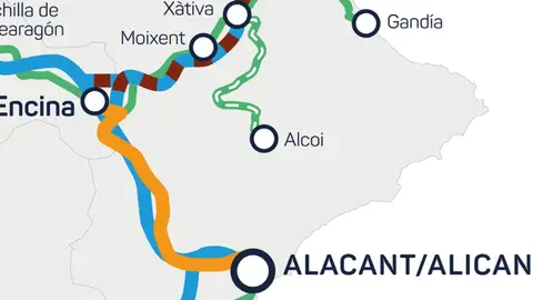 En color naranja, el tramo La Encina-Alicante En color naranja, el tramo La Encina-Alicante