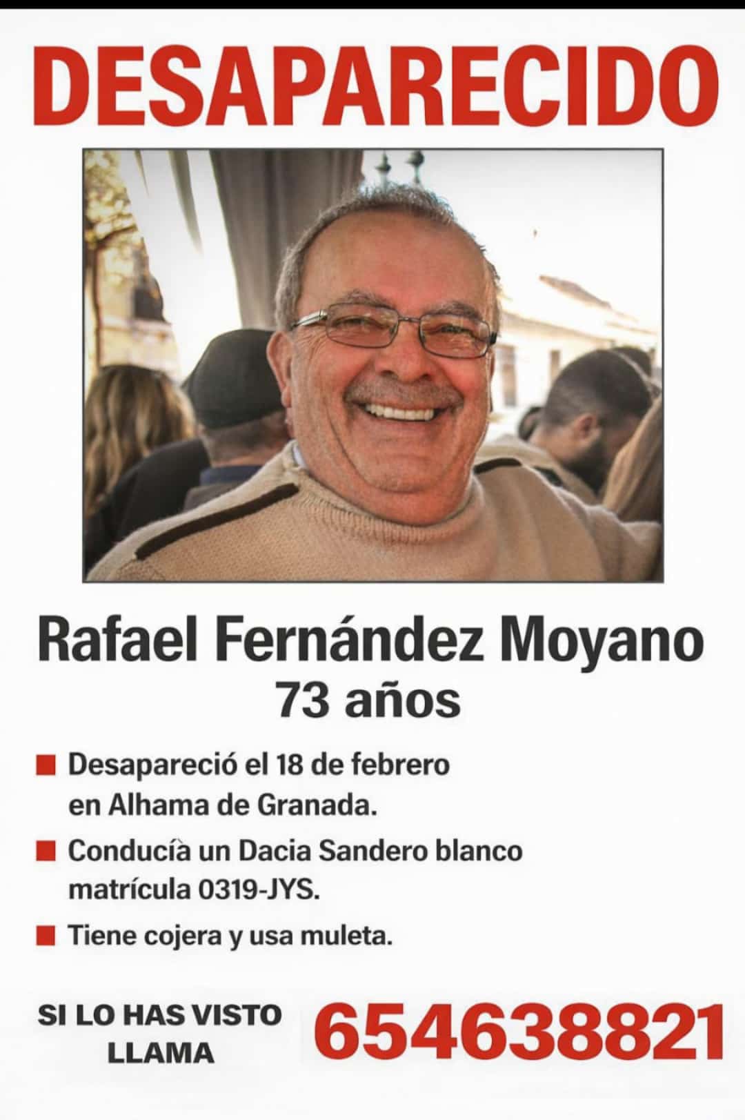 Hallan sin vida a Rafael Fernández, desaparecido en Alhama de Granada desde el 18 de febrero Hallan sin vida a Rafael Fernández, desaparecido en Alhama de Granada desde el 18 de febrero