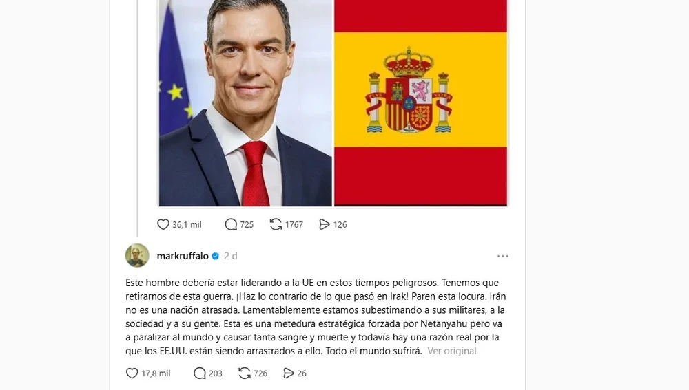 Captura de pantalla del comentario de Mark Ruffalo en Threads Captura de pantalla del comentario de Mark Ruffalo en Threads