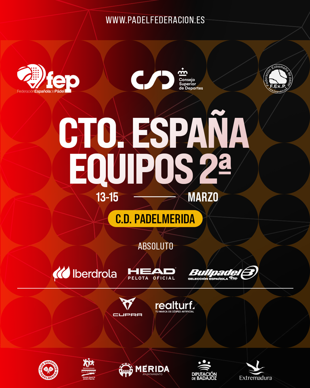 Más de 300 padelistas compiten este fin de semana en Mérida en el Campeonato de España por Equipos de Segunda Categoría Más de 300 padelistas compiten este fin de semana en Mérida en el Campeonato de España por Equipos de Segunda Categoría
