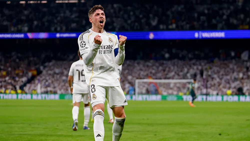 Fede Valverde celebra uno de sus goles al Manchester City Fede Valverde celebra uno de sus goles al Manchester City