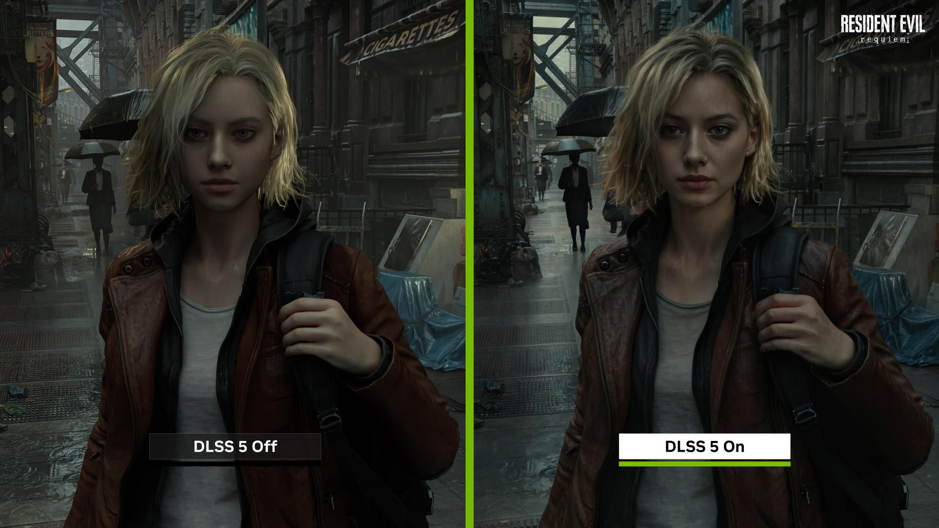 Imagen cedida por Nvidia que muestra dos cuadros del juego Resident Evil, una sin DLSS y otra con esta nueva iteración. Imagen cedida por Nvidia que muestra dos cuadros del juego Resident Evil, una sin DLSS y otra con esta nueva iteración.