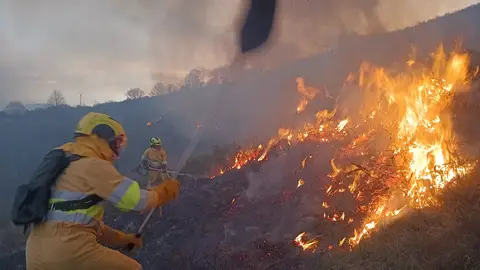Bomberos forestales trabajando en un incendio provocado en Cantabria Bomberos forestales trabajando en un incendio provocado en Cantabria