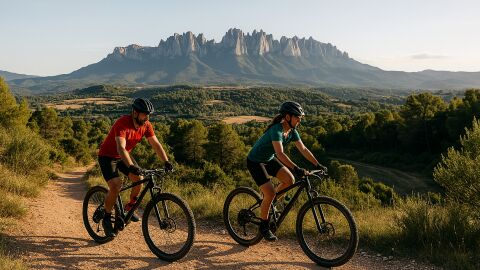 Dos ciclistes en ruta a la comarca del Bages, prop de la muntanya de Montserrat