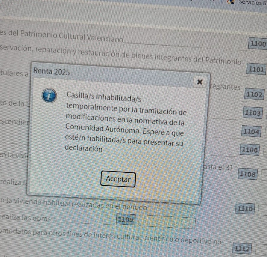 La Renta 2025 arranca con incidencias en la Comunitat Valenciana: "Casilla inhabilitada" La Renta 2025 arranca con incidencias en la Comunitat Valenciana: "Casilla inhabilitada"