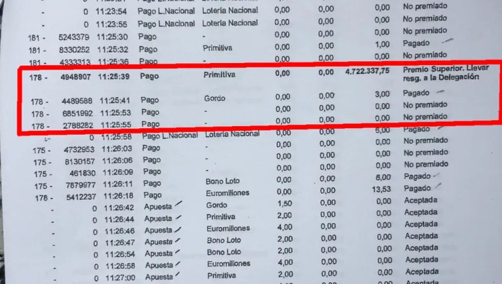 Registro de la terminal de la administración coruñesa, donde se refleja el premio superior que debió ser cobrado en el momento.