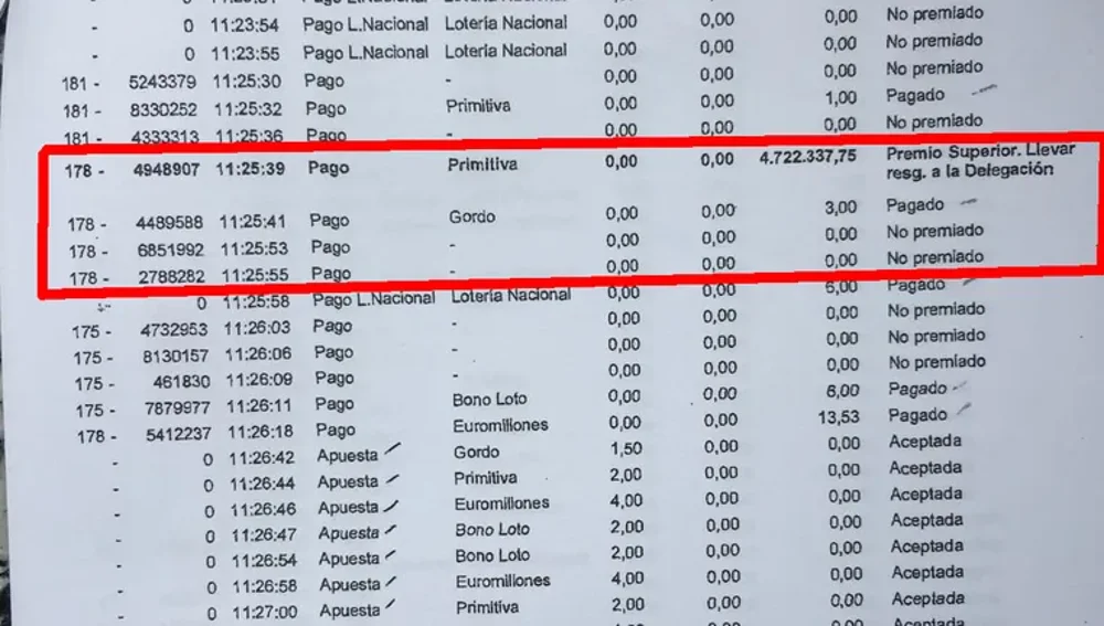 Registro de la terminal de la administración coruñesa, donde se refleja el premio superior que debió ser cobrado en el momento. Registro de la terminal de la administración coruñesa, donde se refleja el premio superior que debió ser cobrado en el momento.