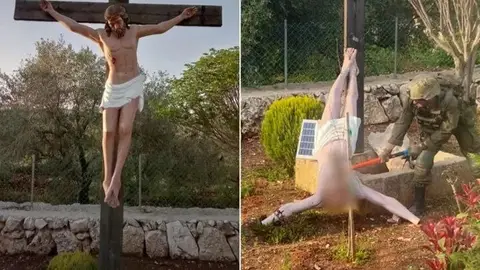 Un soldado israelí destruye a martillazos un Cristo en el sur de Líbano (derecha) El Ejército israelí investiga si un soldado destruyó a martillazos un Cristo en el Líbano y Netanyahu lo condena