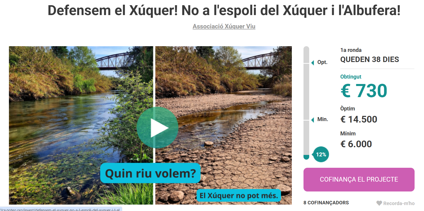 Xúquer Viu inicia una campaña para financiar los gastos judiciales frente al trasvase Xúquer Viu inicia una campaña para financiar los gastos judiciales frente al trasvase