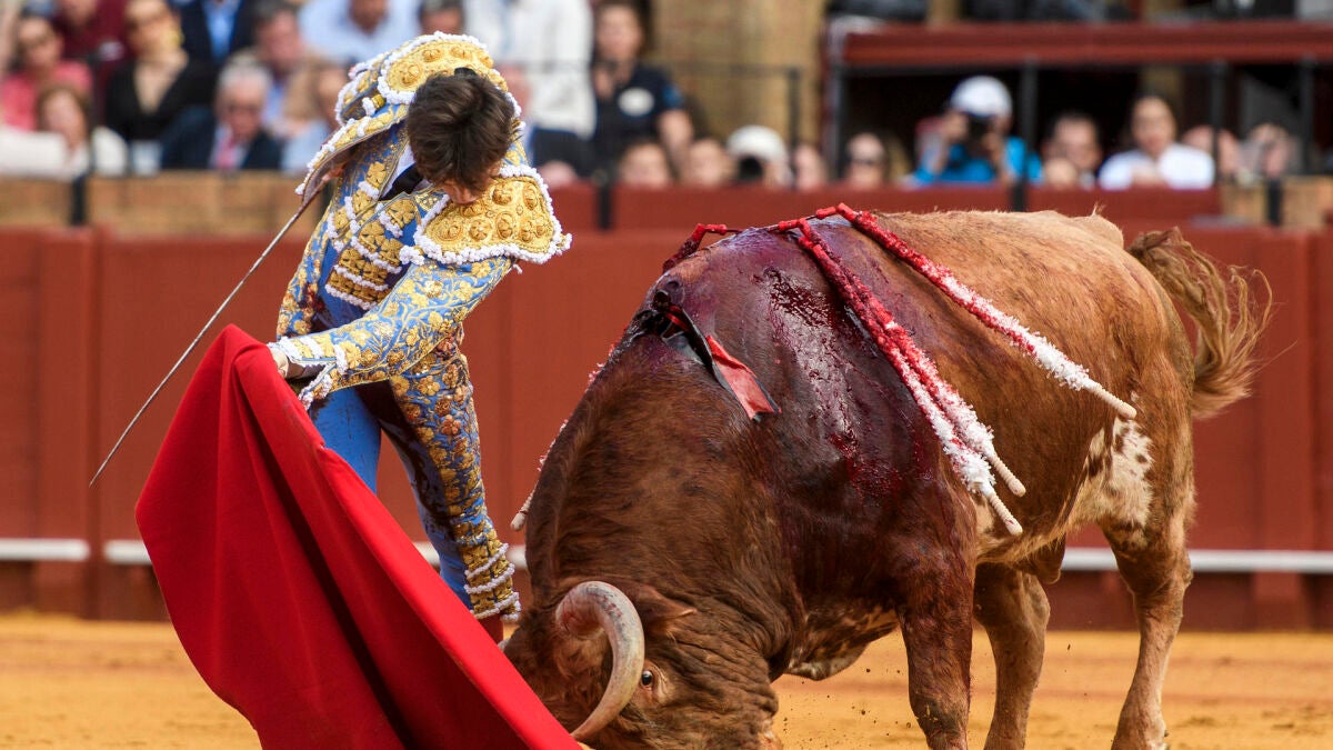 Roca Rey recibe una fuerte cornada por el quinto toro en la Maestranza
