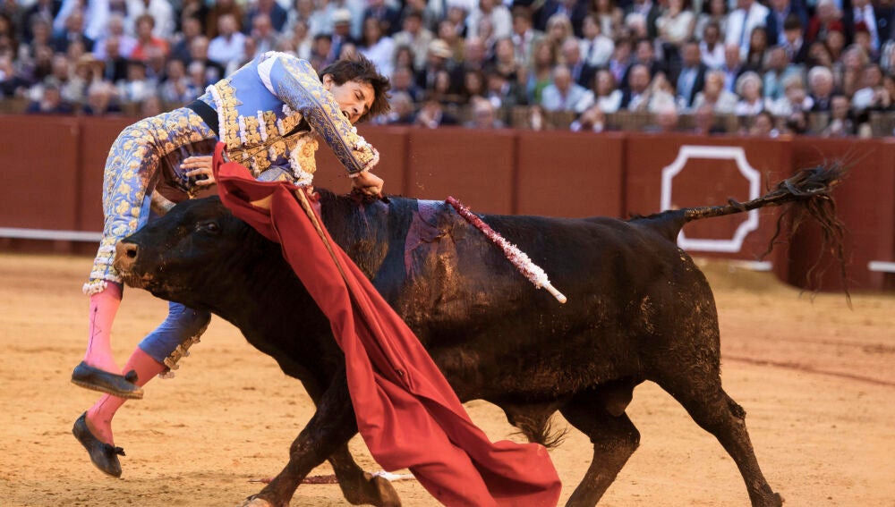Roca Rey cogido por el quinto toro de la tarde del jueves en la Maestranza 