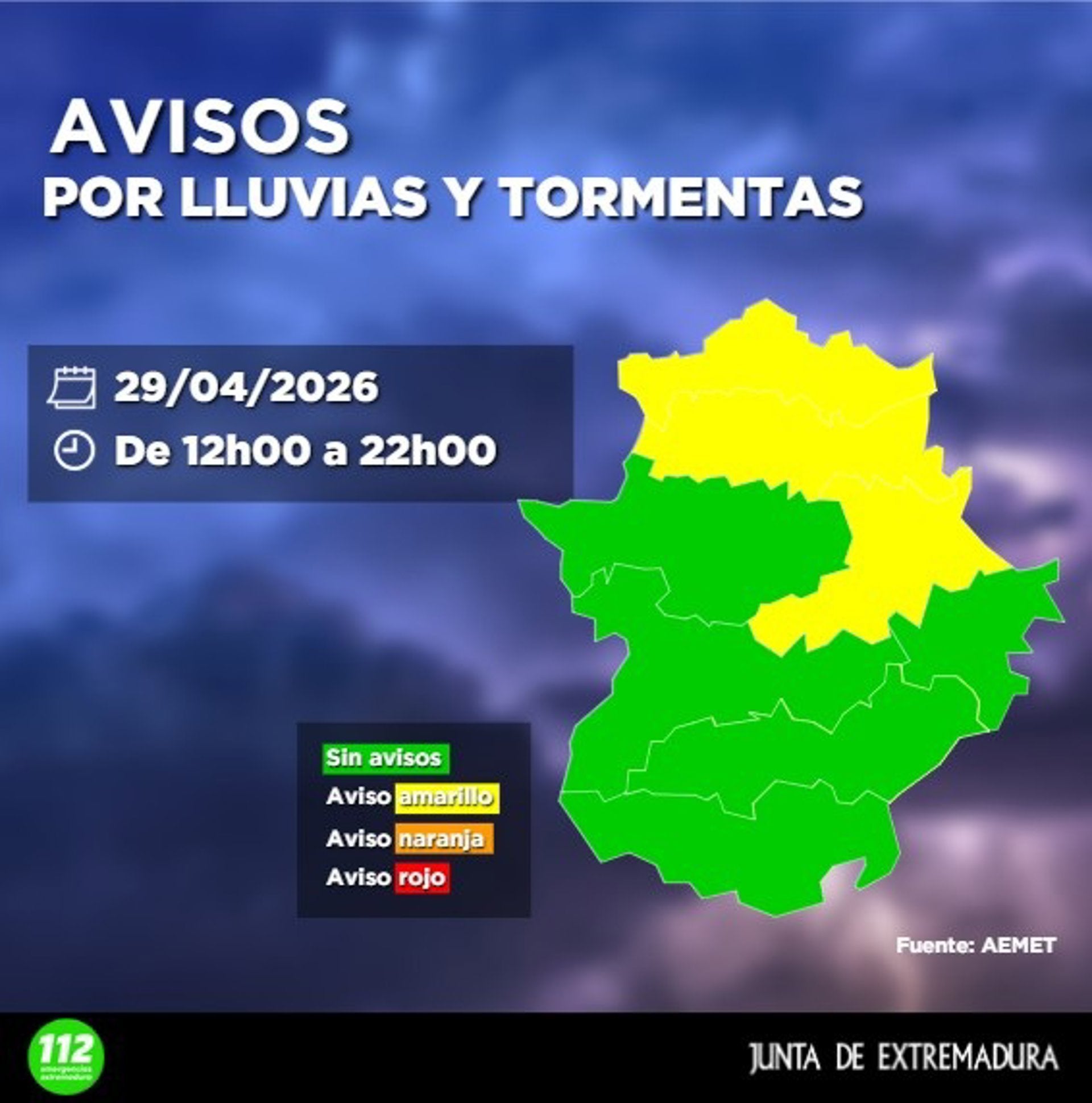 El 112 Extremadura activa este miércoles la alerta amarilla por lluvias y tormentas en varias comarcas cacereñas El 112 Extremadura activa este miércoles la alerta amarilla por lluvias y tormentas en varias comarcas cacereñas