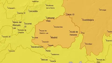 La Agencia Estatal de Meteorología activa el aviso naranja en la comarca del Henares por posibles lluvias y tormentas fuertes Mapa de las zonas incluidas en el aviso naranja de la Agencia Estatal de Meteorología