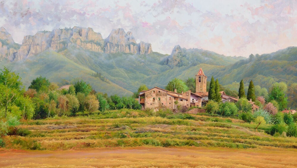 Un dels paisatges realistes d'en Jordi Isern al costat de Montserrat