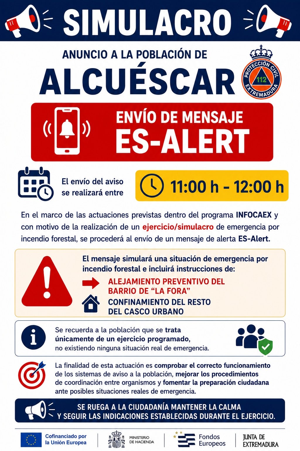 Alcuéscar acogerá un simulacro de incendio forestal con evacuaciones, confinamientos y envío de ES-ALERT Alcuéscar acogerá un simulacro de incendio forestal con evacuaciones, confinamientos y envío de ES-ALERT
