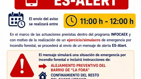 Alcuéscar acogerá un simulacro de incendio forestal con evacuaciones, confinamientos y envío de ES-ALERT Alcuéscar acogerá un simulacro de incendio forestal con evacuaciones, confinamientos y envío de ES-ALERT
