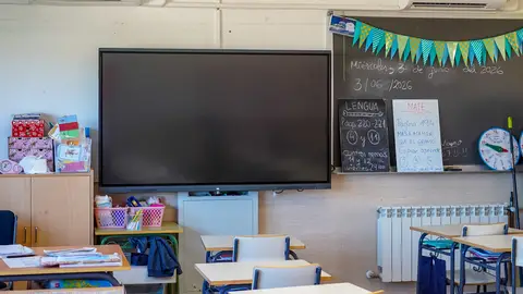 Imagen de archivo de dos aparatos de aire acondicionado en un colegio. Aparatos de aire acondicionado en un aula de un colegio público de Torrejón de Ardoz