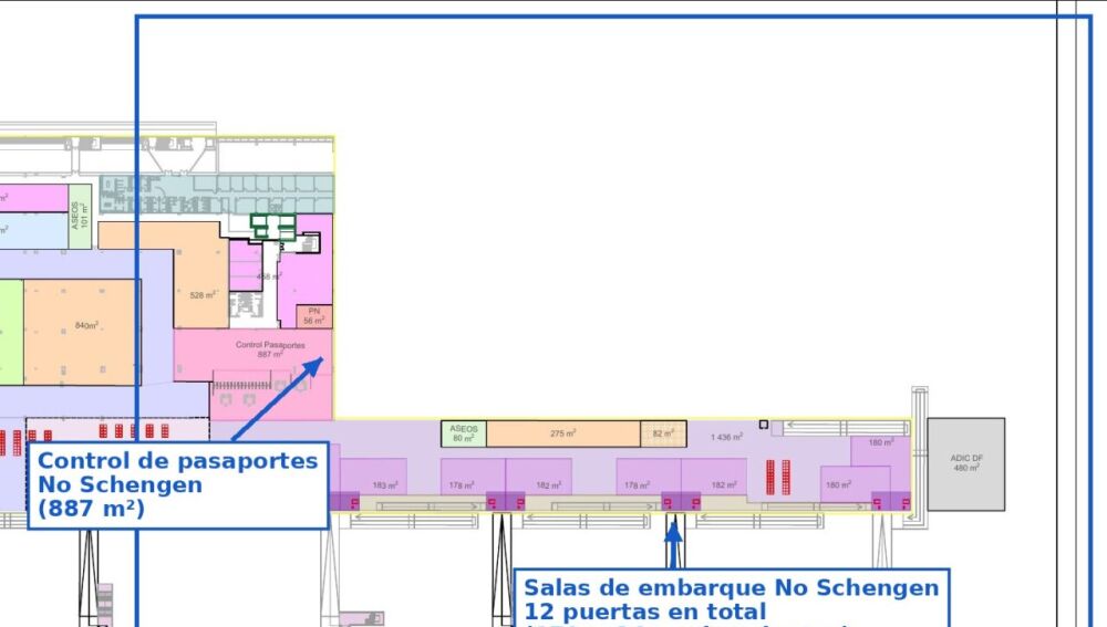 Plano del estado proyectado del nuevo dique noreste (planta primera), con el control de pasaportes No Schengen y las salas de embarque. 