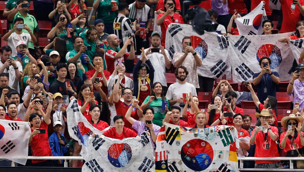 Aficionados de Corea del sur reaccionan este jueves, al final de un partido del grupo A del Mundial de la FIFA 2026 entre Corea del Sur y República Checa en el estadio Akron en Guadalajara (México). 